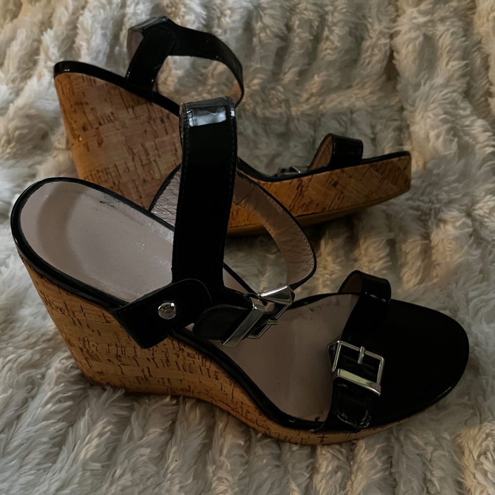 Stuart Weitzman Cork Wedge Sandals - Black Patent